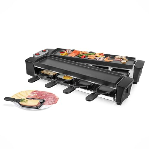 EMERIO Raclette con piastre in pressofusione di alta qualità, dispositivo pieghevole, 2 x 40,6 x 10 cm, rivestimento antiaderente senza PFAS di ILAG, facile da pulire, 8 padelle, cavo da 2,00 m, RG