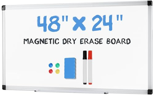 DUMOS Magnetic White Board Kit for Wall 48 x 24, Dry Erase Board with 1 Dry Eraser & 2 Multicolor Markers & 4 Magnetic Pins, Silver Reinforced Aluminum Frame for Home, School, Office