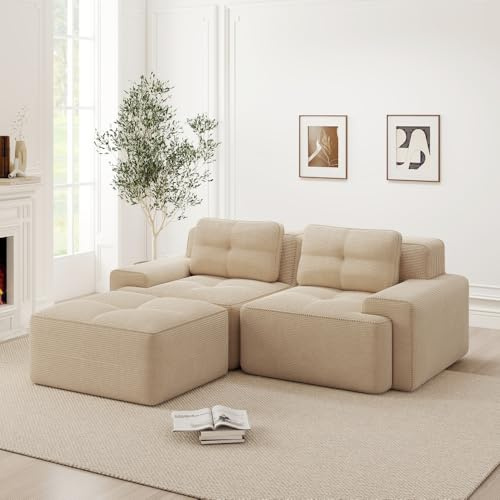 Divano modulare angolare a L,divano componibile Boneless 2 posti con 1 poggiapiedi,divano a compressione (senza montaggio),divano con seduta profonda,divani Componibili 2 posti ,velluto a coste(Beige)