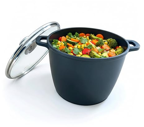 Relaxdays olla para sopa con tapa de cristal, antiadherente, XXL inducción, 10 l, 28 cm, fundición de aluminio, negra