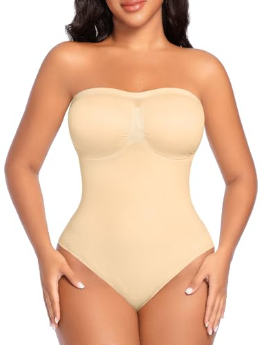 Werena Women Strapless Thong Tummy Control Shapewear Bodysuit (Beige,L)