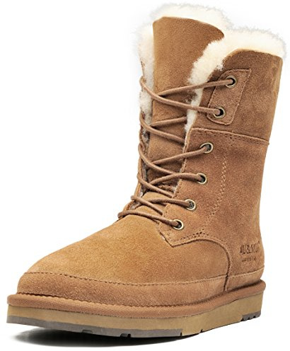 AU&MU Womens Lace up Sheepskin Classic Fur Winter Snow Boot Chestnut Size 8