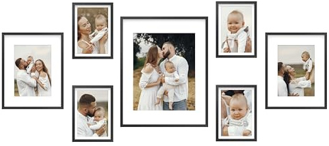 FrameWorks 7-Piece Deluxe Black Aluminum Contemporary Picture Frames with Tempered Glass – Includes Four 5”x7”, Two 8”x10”, and One 11”x14”