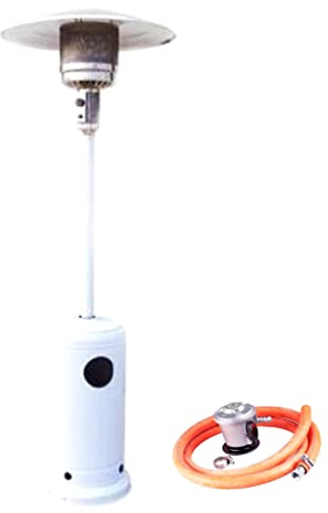 Bricoloco Estufa exterior de gas butano o propano para terrazas con regulador de temperatura. Calefactor exterior con ruedas para áreas ventiladas. Incluye manguera y regulador de gas. (Blanco)