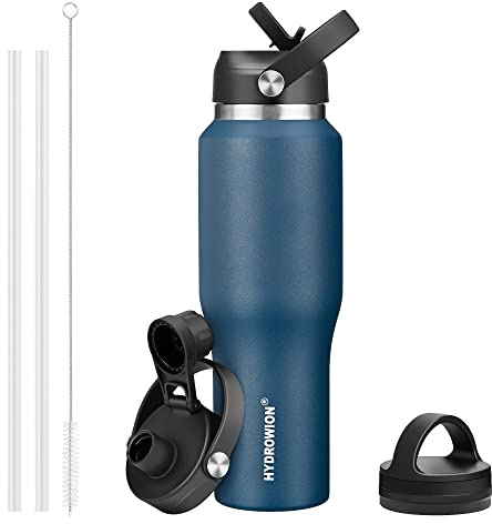 HYDROWION 32oz Stainless Steel Water Bottle(Cold for 48 Hrs, Hot for 24 Hrs), Double Wall Vacuum Insulated Water Flask with Straw Lid, Spout Lid and Flex Cap, Fit in Any Car Cup Holder, Cobalt