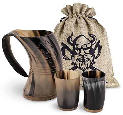 VIKING CRAFT Wikingerkrug mit Horn, 600 ml, Odin und 2 Gläser, mittelalterliche Dekoration, LARP, Schüsseln