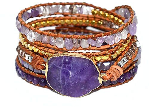 OZEO Bergkristall Armband, Mehrschichtiges, Natürliches Amethyst-Stein-Wickelarmband, Boho-Facette, Unregelmäßige Kristall-Energie-Edelstein-Armbänder, Stapelbares, Handgefertigtes, Geflochtenes, Exo