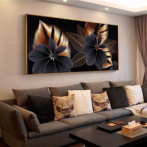HEHGVCF Abstrakt Leinwand Bilder Schwarz und Gold 80x160cm - Botanical Art Poster Retro Kunst Gemälde Canvas Wandbild Rahmenlos