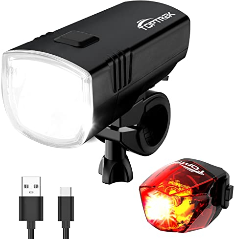 toptrek Fahrradlicht, USB Aufladbar Fahrrad licht mit Typ-C, StVZO Zugelassen Fahrradlampe, Fahrradlicht Vorne bis zu 70LUX mit Rücklicht, Regenfest LED Fahrradbeleuchtung Set (Schwarz)