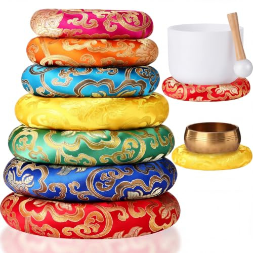 Barydat 7 Pcs Silk Singing Bowl Cushion Set, Anti-Wobble O Ring Cushion Pillow Pad for 6-12 Inch Tibetan & Crystal Sound Bowls, Gasket Replacement for Meditation Sound Healing (Rainbow)(Rainbow)