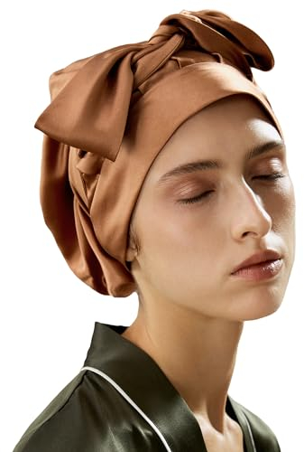 LilySilk 100% Reine Maulbeerseide Schlafmütze für Damen Natürliche Seidenmütze zum Schlafen und Haarpflege Nachthaarwickel mit langem elastischem Band zum Halten,Toffee