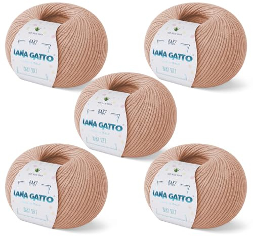 Babyullstickningskit - 100% merinoull mjukt garn med Aloe Vera, stickningsull perfekt för bebisar, tillverkad i Italien av Lana Gatto (5, Beige - 14621)