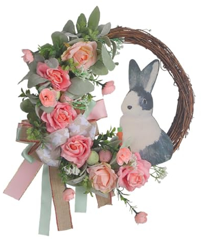 EXQUILEG Osterdeko, Handgemachter Osterkranzzum Aufhängen, Rattan Deko Kranz, Türkranz Frühling Ostern mit Hase und Blumen (Grau Hase)