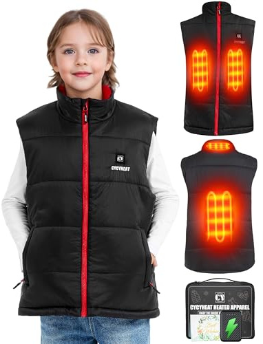CYCYHEAT Gilet Riscaldato per Bambini - Giacca Leggera per Ragazzi e Ragazze, Con Batteria, Abbigliamento per Sci, Rosso, 140