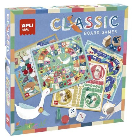 APLI Kids 19147 - Jeux de société 4 en 1 : un ensemble de 4 jeux de société classiques illustrés : le jeu de l'oie, les petits chevaux, le jeu de l'échelle et le 4 à la suite.