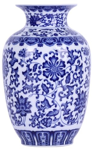Jarrones tradicionales de porcelana azul y blanca de cuerpo delgado, cerámica chinoiserie pintado a mano con diseño floral, ligeros para decoración del hogar