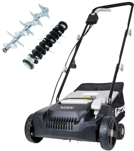 MZK 13-inch 13-Amp 2-in-1 Electric Dethatcher and Scarifier w/Removeable 4-Position Height Adjustment,Lawn dethatcher w/8-Gallon Thatch Collection Bag,Keep Lawn Health Silver