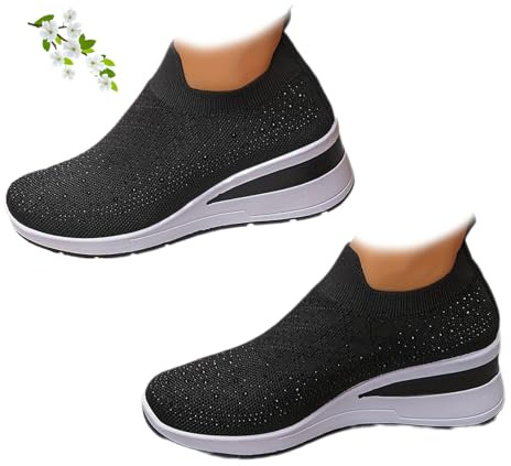 Women's Glittery Rhinestone Fashion Breathable Wedge Sneakers, Sparkly Platform Trainers Comfy Crystal Mesh Slip On Walking Shoes (Black-b,37EU)