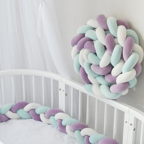 GYCF Cuscini Annodato, Serpente Letto Cuscino Nodo, Letto a Treccia Cuscino, Cuscino Coccoloso Soffice Intrecciato, Paracolpi Sponda Sponde Anticaduta,White+Purple+Green,3.5 m