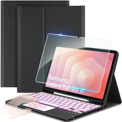 CACOE Hülle Tastatur Kompatibel mit Samsung Galaxy S11 2025 11 Zoll (SM-X730/X736B) mit Touchpad, 7-Farbige Beleuchtung Abnehmbare Kabellose QWERTZ-Tastatur, Schwarz