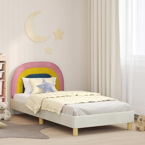 Mandloder Barnsängsram med sänggavel, grädde 80 x 200 cm, sammet, trämaterial, låg design, robust, modern, hållbar, förvaringsväska