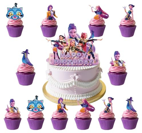 25 Pezzi Decorazioni Torta Compleanno K-pop, Kit Compleanno per Bambina Tema Demon Hunter con Cake Topper e Toppers per Cupcake Happy Birthday, Decorazioni per Torte di Compleanno e Feste Cartoon