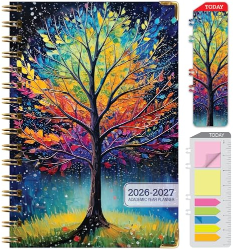 HARDCOVER Academic Year 2026-2027 Planner: 14 Months (May 2026 Through June 2027) 5.5x 8 Daily Weekly Monthly Planner Yearly Agenda. Bookmark, Pocket Folder and Sticky Note Set (Black Tree Seasons)