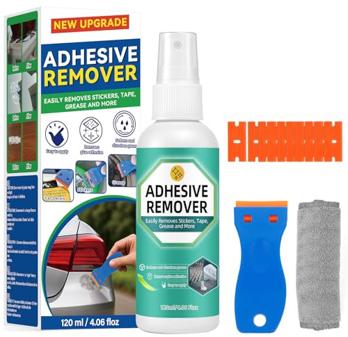 Dissolvant Colle Puissant, Décapant Adhésif sans Danger pour Toutes Surfaces, Enlève Autocollants, Étiquettes, Résidus de Colle et Ruban Adhésif, Inclut Grattoir en Plastique (Blanc-120ml)