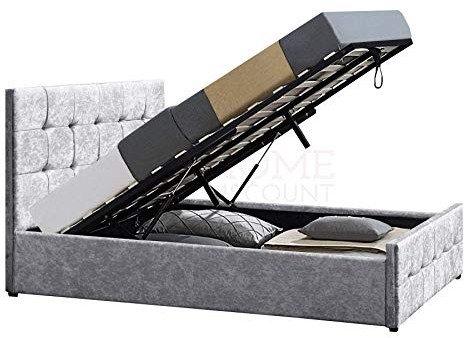 Vida Designs Valentina King Size Ottoman Bed, 5 Ft Bed Frame Storage Lift Upholstered Fabric Headboard Bedroom Furniture, Crushed Velvet Silver (UKFR Certified)