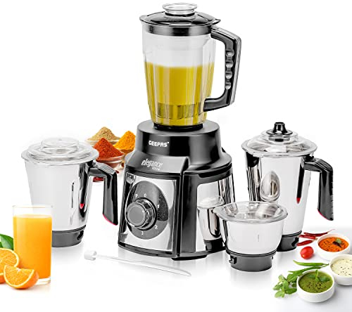 GEEPAS 5-in-1 Mixer Grinder | 3 Stainless Steel Jars & 1.5L Juice Jar | Food Blender for Dry Wet Grinding Indian Masala Chutney Dosa Grinding | 3 Speed & Pulse Overload Protection, 1000W