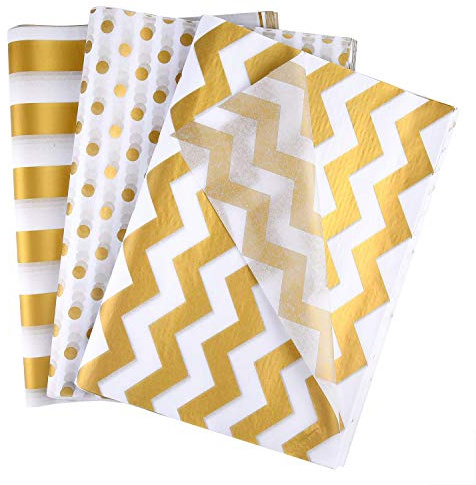 MIAHART 60 Pcs Gold White Tissue Paper Bulk 3 Style Decorative Metallic Wrapping Paper for Gift Bags Birthday Christmas Party Decoration, DIY Arts Crafts Gold Dot Wave Design Patterned(60 Sheet)