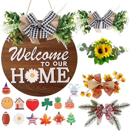 Interchangeable Welcome Sign for Front Door with 4 Seasonal Wreaths and 14 Changeable Icons, Farmhouse Front Door Signs, Door Decoration Porch Decor, Seasonal Wooden Home Sign home décor (6wood)
