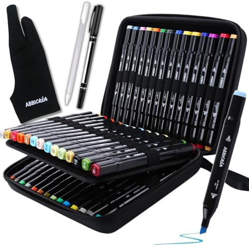 40 Pennarelli alcool ABBICREA doppia punta set completo : astuccio rigido, 2 lineri e guanti artisti in omaggio | Colorazione per adulti, bambini, principianti o professionisti, promarker indelebile