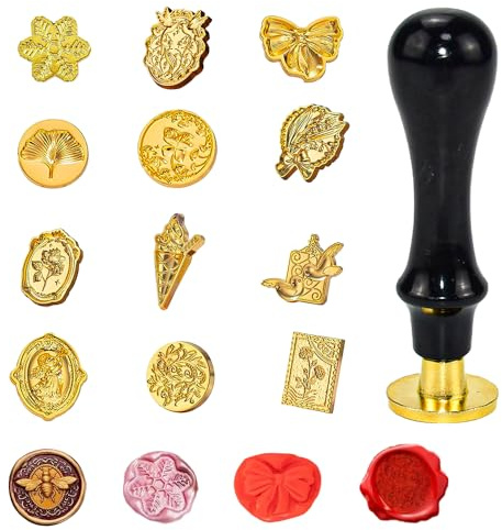CODIRATO 12 PCS Juego de Sellos de Cera, Sello de Lacre, Cabezal de Sello, Sello Lacre con Mango de Plástico, Sello de Cera Cabezales Removibles, Sello Cera para Regalos, Sobres y Bodas