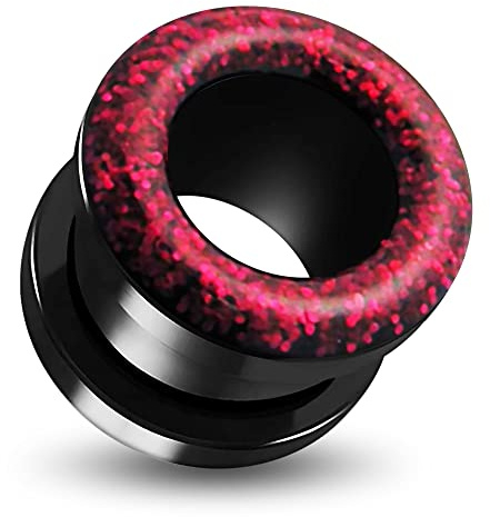 AZARIO LONDON Red Glitter Inlay Black UV Acrylic Flesh Tunnel - UV Ear Plug- Plug and Tunnel