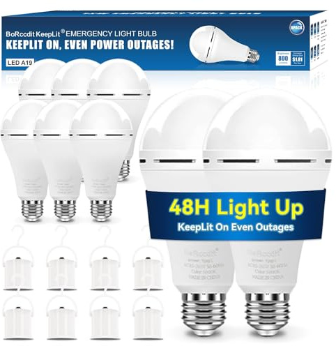 BoRccdit KeepLit 8PK Emergency Rechargeable Light Bulbs, 48H Battery Backup, 3 Brightness Levels, 12W 65W Equivalent A19 LED Bulbs Auto-On During Power Outage, for Hurricane, Emergency Use (Daylight)