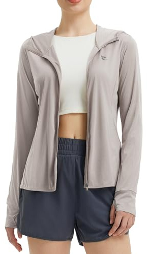 baleaf Women's SPF Jacket Sun Shirt UV Protection Hoodie Zip Up Long Sleeve Hooded Summer Clothing Running Hiking Khaki L