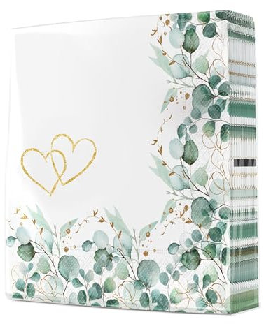 Serviettenshop 20 große stoffähnliche Servietten Hochzeit & Liebe Eukalyptus grün Bordüre Herzen gold als Tischdeko. Cottone edel & hochwertig weiß für Heirat. Offen 40x40cm, gefaltet 20x20cm