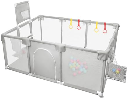 Parque XXL plegable modulable para bebés con barreras / redes / pelota oceánica / 4 asas, Playpen extra grande para bebés y niños pequeños, 180 x 120 x 66 cm, gris claro