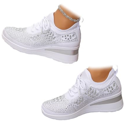 Chaussures de sport pour femmes avec strass scintillants à talon compensé, baskets à lacets avec strass et perles sur plateforme à talon compensé, baskets confortables scintillantes, blanc, 10 UK Wide