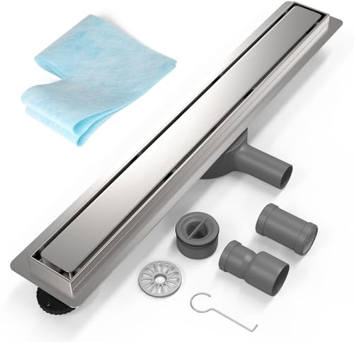 EFUTURETIME 70cm Canaleta de Ducha de Acero Inoxidable con Sifón de 360° Antioσμosis y Filtro, Desague Ducha Lineal Panel 2 en 1 con Tubo de Conexión DN40/DN50 Drenaje Rápido para Duchas Walk-in