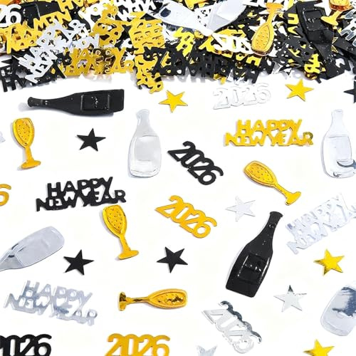 THXFUNAREA Confeti Año Nuevo 2026 – 400PCS Decoración Mesa Fin de Año – Confeti Negro Dorado Plata para Fiesta Año Nuevo y Adornos de Mesa 2026