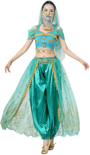 MUNAFIE Aladdin Kostüm Arabisch Bauchtanz Jasmin Prinzessin Pailletten Kostüm Halloween Karneval Partykleidung Grün M