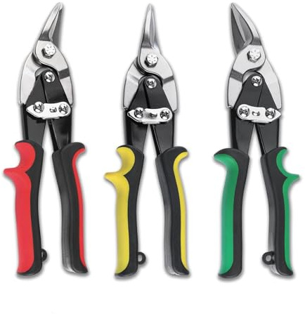 3-Piece Aviation Tin Snips Set, 10-Inch Sheet Metal Cutting Snips, Straight Left Right Cut Cr-V Steel Aviation Shears with Serrated Blades, Safety Lock and Ergonomic Rubber Grip