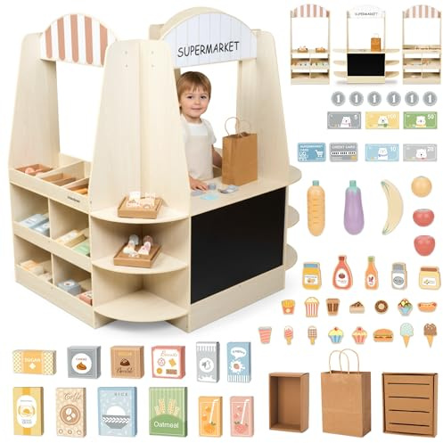 Mamabrum Grande Negozio di Legno per Bambini - 91 Pezzi per Gioco di Shopping con Lavagna, Frutta Verdura Cassa Accessori Educativi Divertimento 3+