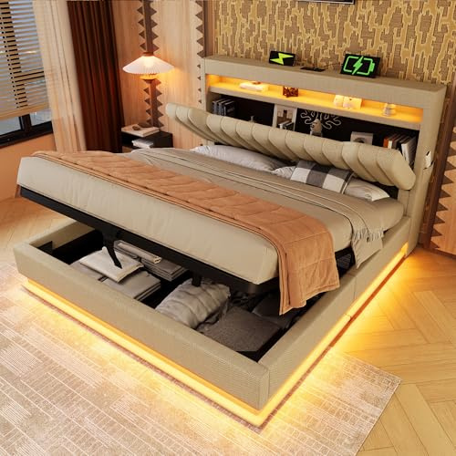 King Size Ottoman Bed Frame with Hydraulic Lever&LED Concealed Storage Headboard,5ft Upholstered Platform Bed with LED Lighting&USB Charging,Gas Lift Up Fabric Storage Bed with Slats,Beige,No Mattress