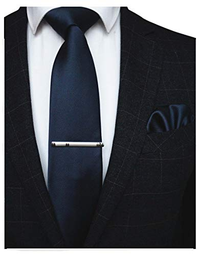JEMYGINS Herren Hochzeit Krawatten und Einstecktuch krawattenklammer Set einfarbig in verschiedenen Farben, Dunkelblau, M