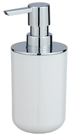 WENKO Seifenspender Posa, nachfüllbarer Pumpspender für Flüssigseife, Lotion oder Spülmittel, weißer Kunststoff mit eleganten Chrom-Akzenten, (B x H x T): 7 x 16,5 x 8 cm, Füllmenge ca. 330ml, Weiß