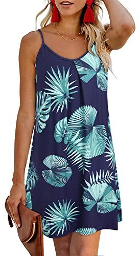 ULTRANICE Dam 2024 sommar casual strandklänningar täckande blommor v-hals spagettirem rygglös mini solklänning, Blå grön blommig, L