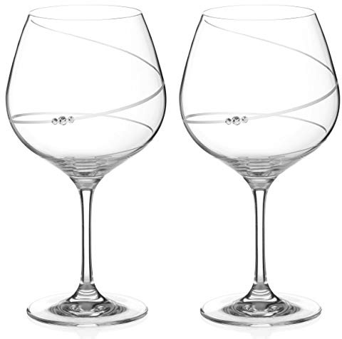 DIAMANTE Gin Copa Glasses Pair 'Toast Swirl' - Adorned with Crystals - Burgundy Gift Box
